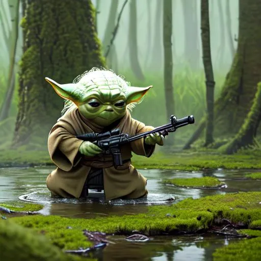 Prompt: Fierce Yoda training in treacherous swamp terrain, determined, fierce, powerful, intense, focused, realistic, intricate details