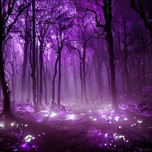 Prompt: beautiful dark and magical forest in a world of darkness glowing purple light within the dark forest with amethyst growing from the ground in a dark fantasy theme beautiful detailed glowing with infinite energy, , amazing art, absolutely astonishing, razor-sharp focus, cosmic, mesmerizing, (masterpiece), volumetric lighting, light beams, vivid colors, uhd, 16k, hdr, ((((best quality)))), ((((extreme details)))) 