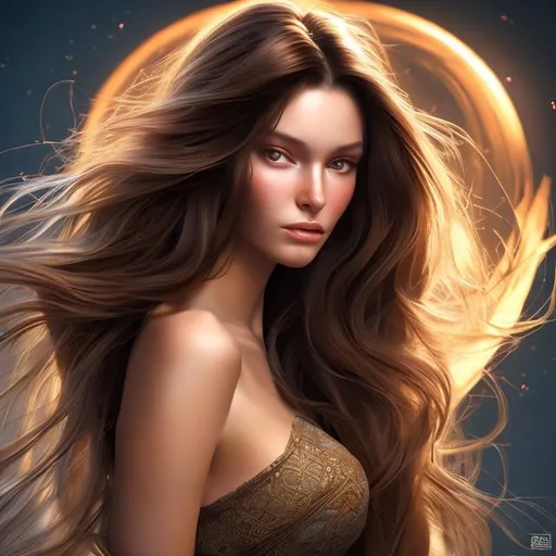 Prompt: Could you make an image in high-def digital art of a sensual brunette woman with long hair, a beautiful face long legs and wearing only the sun on her body? 
