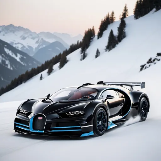 Prompt: A black Bugatti bolide drifting down an uncivilised snowy mountain