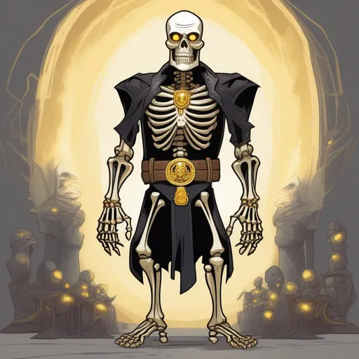 Prompt: black Skeleton, glowing gold eyes, Belt of gigantes, best quality, masterpiece, in cartoon style