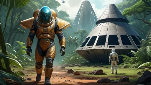 Prompt: a cone-headed male annunaki explorer allalu with and elongated skull wearing a fish-scale-space-suit walks toward camera away from a heavily-damaged-crashed-spaceship in the background, stranded all alone, lush jungle landscape