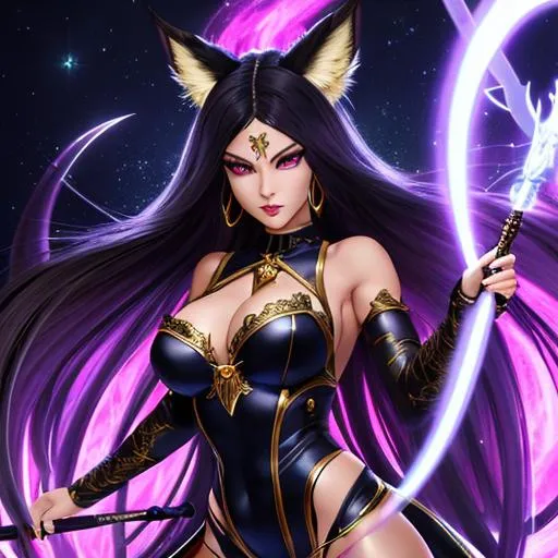 Prompt: attacking, dynamic Fighting pose full body , vixen, succusbus, demon girl, gorgeous, beautiful, holding a magic moonlight staff wand,  intricate facial detail, high quality, detailed face, intricate quality, hyperrealistic full body pose, hyperrealistic ethereal, demon girl, dark blue and long hair, white lynx ears, sharp jaw, black sclera, hyperrealistic golden eyes , hyperrealistic human nose, hyperrealistic lips, ethereal, divine, hyperrealistic face, hyperrealistic pale skin, intricate eye detail, pale face, pale skin, straight dark blue hair, blessed, miracle, detailed lips, mesmerizing, gorgeous, stunning, highly detailed concept art, high resolution scan, hd octane render, intricate detailed, highly detailed face, unreal engine, trending on artstation, UHD, 8k, Very detailed, leather black outfit, deserted background image, clear face