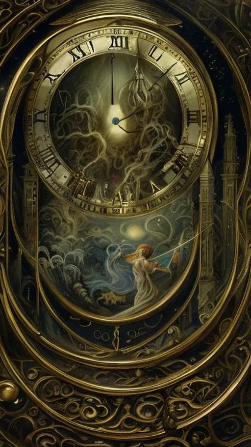 Prompt: An allegorical fantasy painting inspired by the quote "The hours of folly are measured by the clock; but of wisdom, no clock can measure." The artwork showcases a mysterious figure in an hourglass, trapped within an enigmatic realm where time behaves erratically. The scene is highly detailed, with smooth gradients contrasting the dark and light elements, hinting at the enigma of wisdom.