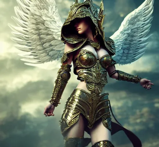 Prompt: Splash art of a beautiful angel woman in ornate armor,  with a hood, free falling down from the sky,  pan out shot, highly detailed,  heroic fantasy art, special effects, HD octane render 
