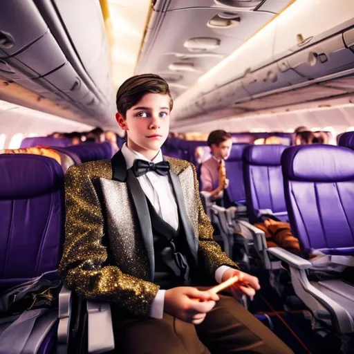 Prompt: 16 year old boy in a tuxedo standing in the aisle of an airplane casting a sparkly magic spell on an airplane seat with his magic wand