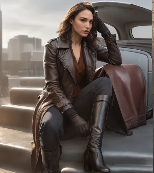 Prompt: photorealistic photo Gal Gadot sitting in leather coat, gloves and boots, detailed face, intricate  leather textures, high-quality, professional, detailed eyes, realistic, polished leather,