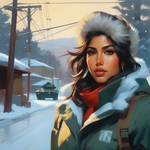 Prompt: Latina girl in Metal Gear Solid, cartoony, cold winter atmosphere, extremely detailed painting by Greg Rutkowski and by Henry Justice Ford and by Steve Henderson