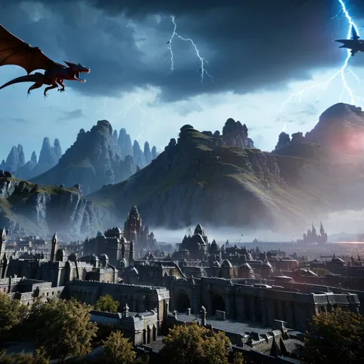 Prompt: Wyvern floating in the air, the character has deep blue scales detailed, Dark red eyes detailed, full body, good quality, realistic, medieval city in  the background, lightning striking medieval city in the background, mountains in background behind city, good quality, realistic