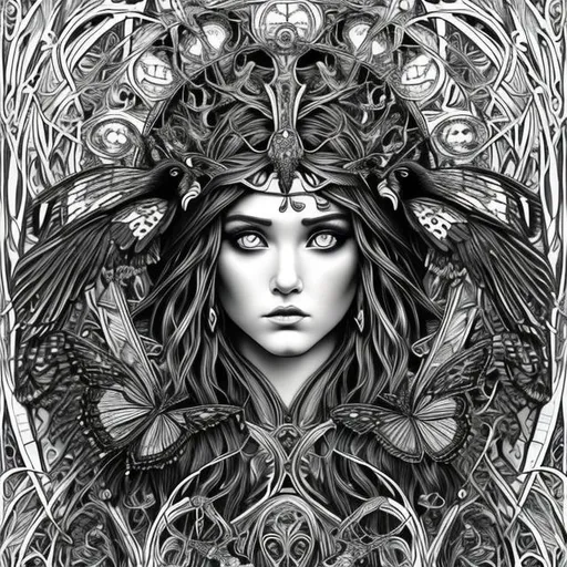 Prompt: ultra realistic black and white coloring page with raven face goddess of death surrounded by dark blue and red butterfly's in art nouveau plus digital art style