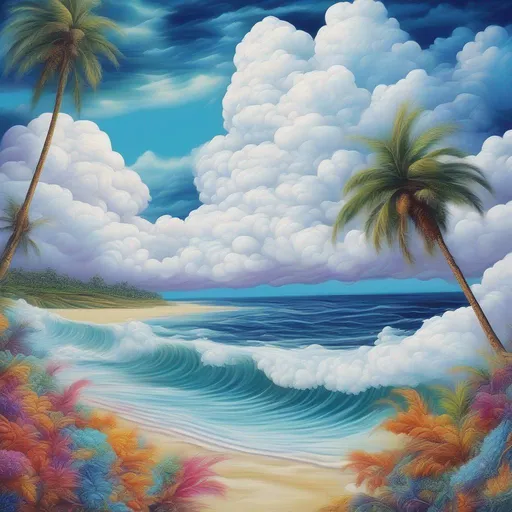 Prompt: Limited, beach, palm tree, ocean and ocean foam, puffy white clouds, best quality, masterpiece, in psychedelic style