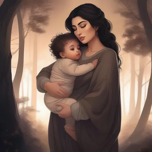 Prompt: highest quality anime art masterpiece, digital drawing, Azerbaijani woman with long black thick wavy messy hair:vistani, carrying a balding bald hairless newborn baby boy in her arms, round face, broad cheeks, sad in a forest on a dark foggy night, big brown eyes, tanned skin:2, waxing moon, huge long wide broad hooked greek aquiline algerian oriental arabic nose, flat chest, ethereal, jewelry set, highres, realistic, highly detailed, fantasy, gypsy, roma, D&D, Ravenloft, by Ilya Kuvshinov