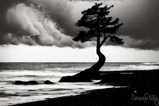 Prompt: Tree with two angel wings flying above a stormy ocean into the night