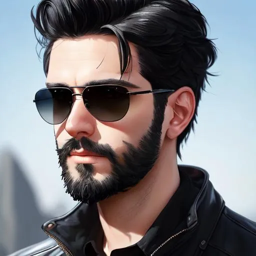 Prompt: Portrait of a 35 years old male with black hair and gray and black small beard and aviator sunglasses and with cute face red scar on the right eye, gray background, perfect composition, hyperrealistic, super detailed, 8k, high quality, trending art, trending on artstation, sharp focus, studio photo, intricate details, highly detailed, by greg rutkowski