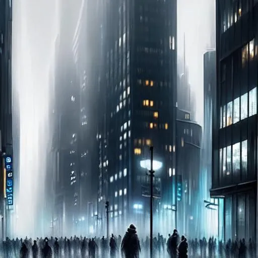 Prompt: a city full of mindless humanoids staring at there phones in a cold and dark metropolis, trending on artstation hq, deviantart, pinterest, 4 k uhd image