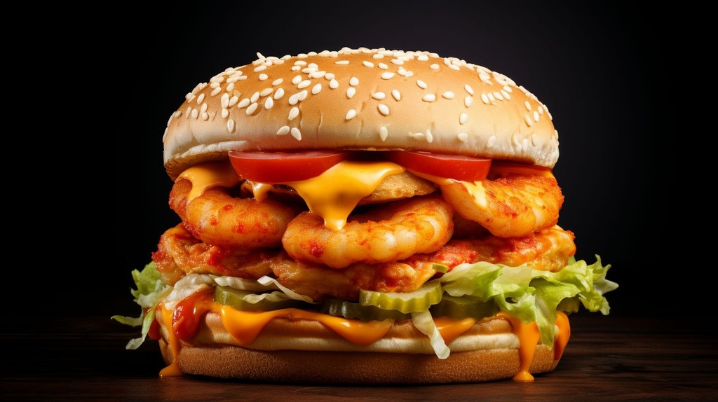 Prompt: a double shrimp burger on a bun that looks like a Big Mac, really huge shrimp, new item advertisment for McDonalds --upbeta --ar 16:9