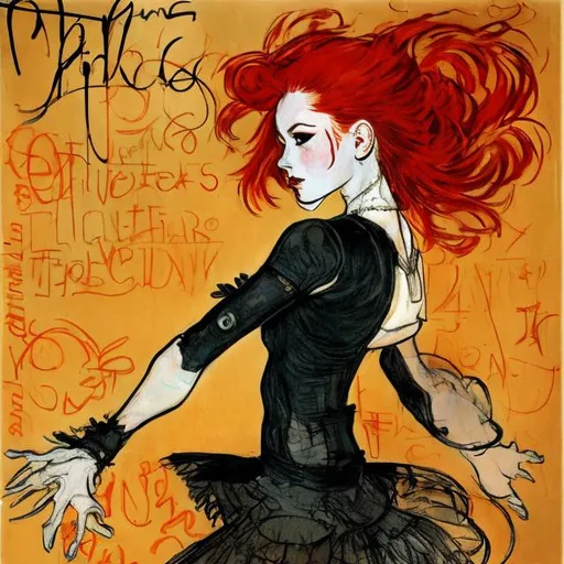 Prompt: jane avril dancing, red hair, goth dress, cyberpunk, in the style of toulouse lautrec