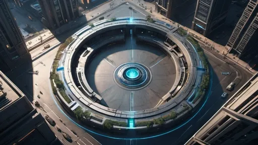 Prompt: circular stargate, gateway between worlds, interdimensional portal, ring, disc, ring standing on edge, city plaza, futuristic cyberpunk, aerial view