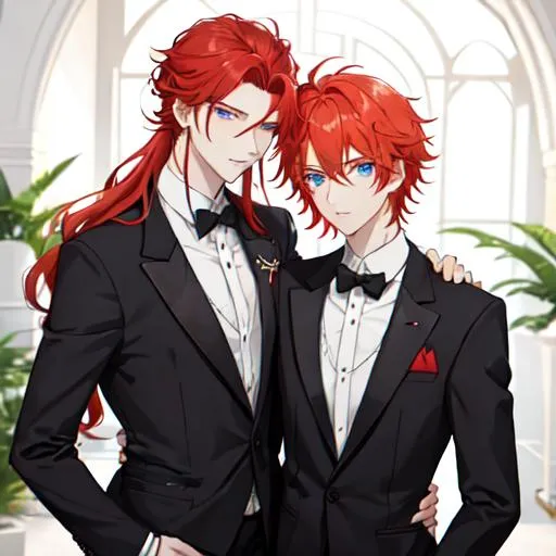 Prompt: Zerif 1male (Red side-swept hair covering his right eye) and Erikku 1male (ginger hair, blue eyes) wearing suits at a wedding