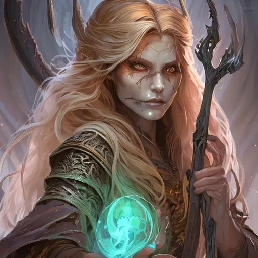 Prompt: Full body splash art portrait of a youthful very pretty sweet female undead sorceress casting a spell, very long honey-colored hair with a fringe, wearing long light-colored iridescent robes, carrying a wooden staff, heroic, cute, brave, D&D, fantasy, intricate, highly detailed, sharp focus, digital painting, oil painting, master piece, artstation, concept art, 4k, 8k