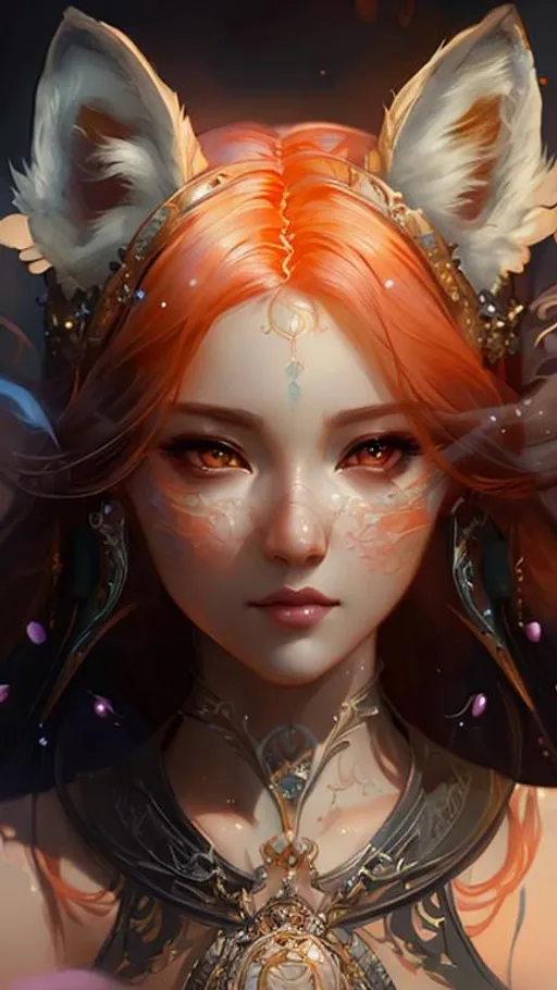 Prompt: lady fox. intricate details. art by artgerm,  Charlie bowater, huang guangjian,  pino Daeni. beautifully lit, best quality. art by water wash painting, color smoke brushes, steading, 