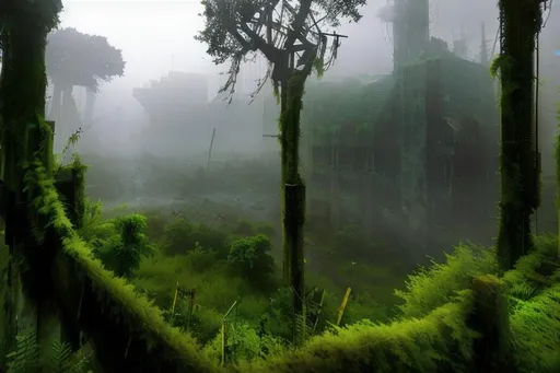 Prompt: apocalyptic city, wasteland, atmospheric, volumetric light, urban, overgrown, forest, leaves, metropolis, rain, fog, dark, 
