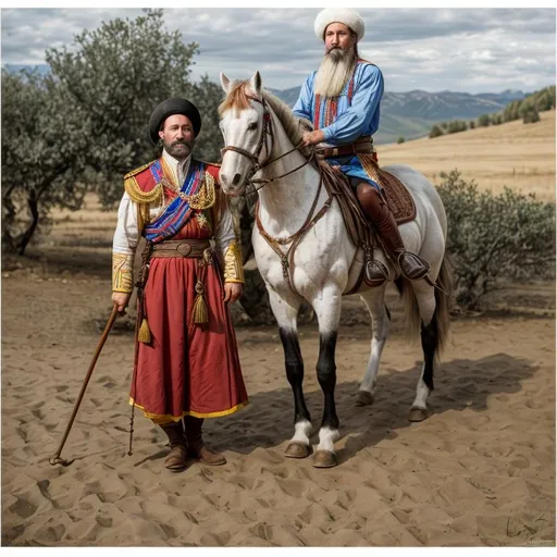 Prompt: a caucasian cossack with a kabarde horse, symetric face