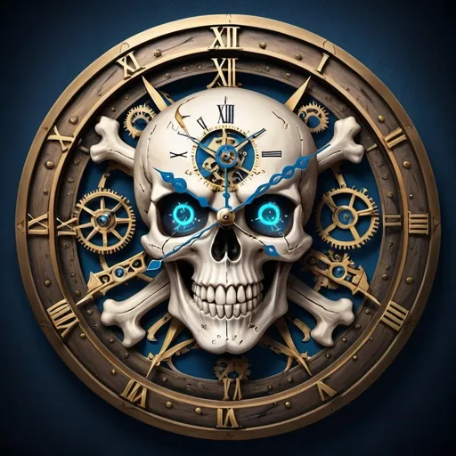 Prompt: round clock, the inner circle has a skull, mechanical, with bright blue eyes that glow happily and smile mysteriously, has a blue tooth, the skull's forehead has a clockwork mechanism, crossed swords middle of the center,