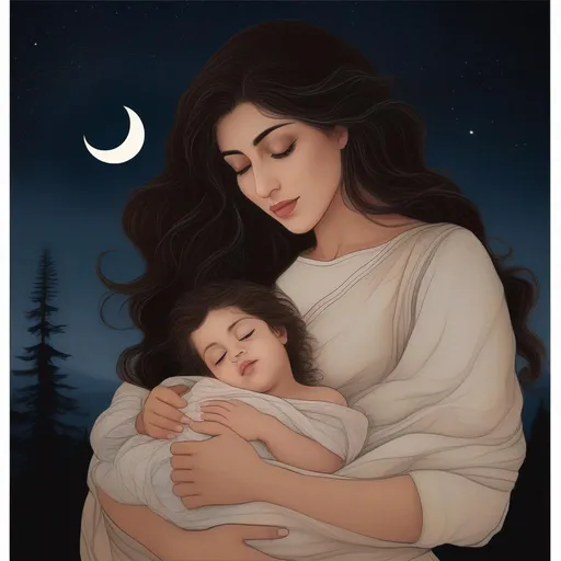 Prompt: highest quality anime art masterpiece, digital drawing, Azerbaijani woman with long black thick wavy messy hair:vistani, carrying a bald headed shaved head newborn baby boy in her arms, round face, broad cheeks, sad in a forest on a dark foggy night, big brown eyes, tanned skin:2, waxing moon, huge long wide broad hooked greek aquiline algerian oriental arabic nose, flat chest, ethereal, jewelry set, highres, realistic, highly detailed, fantasy, gypsy, roma, D&D, Ravenloft, by Ilya Kuvshinov