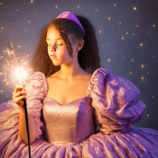 Prompt: 16 year old girl in a glittery puffy ball gown casting a spell with her magic wand 