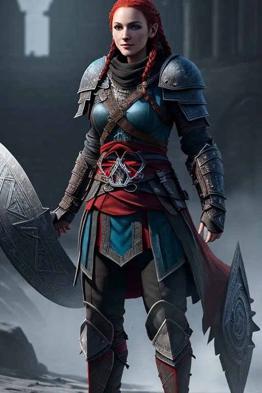 Prompt: Digital art, Assassin's Creed Valhalla black gear, (((DreamShaper Version 1))), Berk of How to Train Your Dragon, viking woman, subtle smile, red hair, cornrow braids, blue eyes, black gear, black armor, unreal engine, 8k octane, 3d lighting, full body, full armor