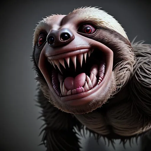 Prompt: Hyper realistic render of an evil screaming sloth, horror, anger, grotesque, razor sharp teeth, malicious ,macro shot, 3D model, exaggerated, unreal engine,
