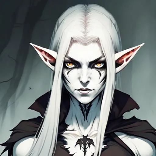 Prompt: Character illustration of a sinister female elf revenant looking for vengeance. She has a beautiful face ruined by death. She has a brutal scar through one eye. Her eyes are white. She has sunken eyes and hollow cheeks. She looks starved. She is pale and pallid with a deathly pallor. She is skinny and bony. Her hair is white. Her ornate heavy plate armour is silver but looks ancient and weathered, rusted in places.  She looks mysterious and sinister. She is surrounded by shadows, gloom, and ghosts. Fantasy art with a gothic horror style. The art style is dark and dramatic, with high contrast. Ultra high definition image. HD. Professional art. 