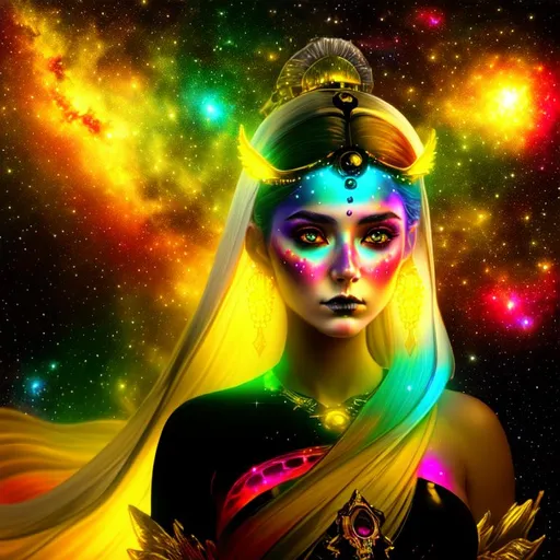 Prompt: Cosmic cinematic, Nebula, 3D, HD, {Beautiful Sugarskull}female as Guitarist liquid gold green silver red black, expansive Cosmic background, interstellar, freeform dark chaos, hyper realistic, 8K --s98500