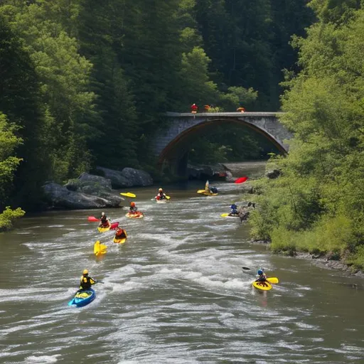 Prompt: Kayakers crossing a river with a bridge in the background 