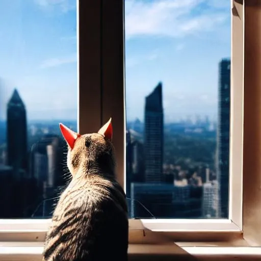 Prompt: cat looking down at a city from a window