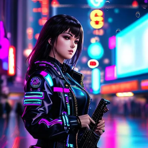 Prompt: oil painting, Post Modern Cyberpunk Background with Neon Lights Scattered in Bokeh, UHD, hd , 8k, hyper realism, Very detailed, Cyberpunk Cybernetics enhanced zoomed out view of character, full character visible, brunette female character, she has a guitar Charming and Appealing characters. Cyberpunk themed attires.