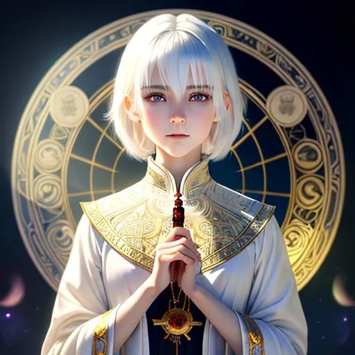 Prompt: a  white hair, short hair, evil looking, female wizard, Novi grad, 10 years old child, skinny, translucent skin, beautiful intricate exquisite imaginative exciting, full pose with relaxed pose, fortune teller clothes,  by roan jia, tom Bagshaw, Alphonse Mucha, Krenz lovely girl beautiful horseteed in the background, vray render, artstation, deviantart, pinterest, 5 0 0 px models, evening
