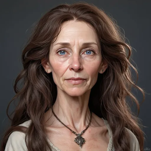 Prompt: hyper-realistic 63 year old female, shew is skinny, she has a long oval face, She has blue close set eyes, she has pale skin, She has a very large nose, she has dark mahogany brown hair that is wavy and long, Her hair is super tangled and frizzy like a rats nest, fantasy character art, illustration, dnd,