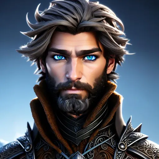 Prompt: head and shoulders portrait of a fantasy male rogue, older, kind face, short shaggy brown hair, trimmed brown beard, black hood drawn up, piercing ice blue eyes, perfect hair, perfect eyes, ordinary face, concept art