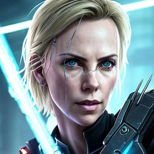 Prompt: Charlize Theron as a Sith Lord, cyberpunk eye, cyberpunk 2077, lightsaber duel, evil jedi, mechanical eye