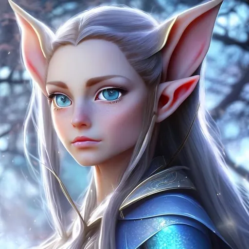 Prompt: A woman of the elf race with huge blue eyes that are shimmering in the light that shines her blue long hair is in a ponytail.On her head sits a beautiful grown. She stands on a tree with a bow in her hand.   She has two pointy ears. On them there are earrings.  On one of them is a blue Saphire she does look a little bit downwards and smiles brighly