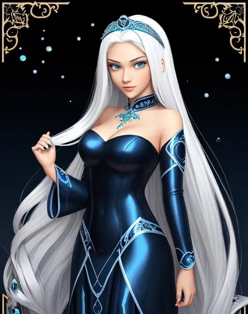 Prompt: A beautiful young 15 year old ((British)) Water elemental princess with light skin and a beautiful face. She has long white hair and white eyebrows. She wears a beautiful slim dark blue dress. She has brightly glowing dark blue eyes and water droplets shaped pupils. She wears a blue tiara. She has a blue aura around her. She is at prom in a large school gym with people around her. Beautiful scene art. Scenic view. Full body art. {{{{high quality art}}}} ((goddess)). Illustration. Concept art. Symmetrical face. Digital. Perfectly drawn. A cool background. Five fingers