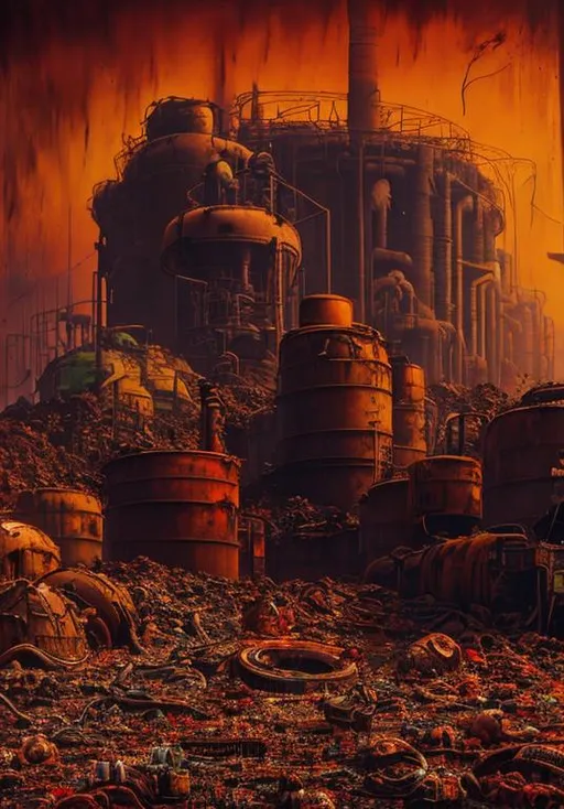 Prompt: industrial waste in a crowded dessert, a dark atmosphere, surrealistic paint 