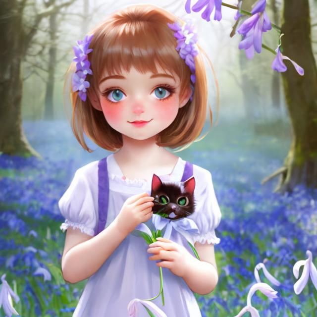 cute girl and a cat holding a bluebell flower