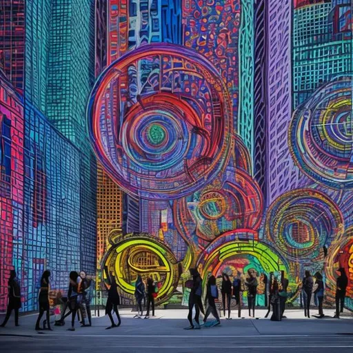 Prompt: huge public art, modern art, in Newyork, big, neon color, layered glasses, random circle art, tall,  complicated, detailed art with glasses, rounded art, in front of the building, people walking by the art