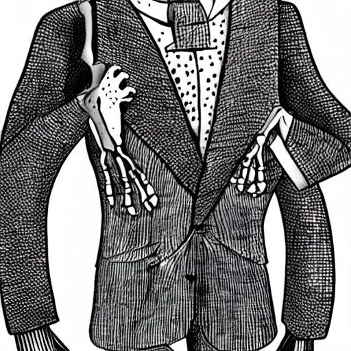 Prompt: An illustration of a skeleton that looks like Kevin Spacey wearing a dusty old suit and motioning with an open hand.