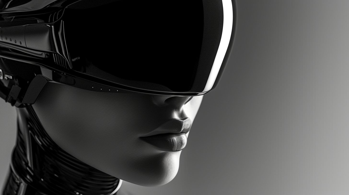 Prompt: Futuristic female android with a black opaque visor covering her eyes and upper face. The visor should have no reflections, presenting a stark contrast to her metallic skin which appears smooth with a subtle sheen, emphasizing her human-like features against the matte visor. The monochromatic image should focus on the interplay of light and shadow to highlight the sleek design of the visor and the refined details of the android's face. The composition should be a close-up on the face, in high resolution, capturing the nuances in texture and form.