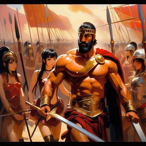 Prompt: King Leonidas meets anime girls, anime style, extremely detailed painting by Greg Rutkowski and by Henry Justice Ford and by Steve Henderson 