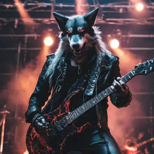 Prompt: ultrarealistic_ angry hunmanoid  wolf lead guitar player in goth metal band_wearing leather and chains_playing music on stage_cenimatic long shot 4k_fire on stage